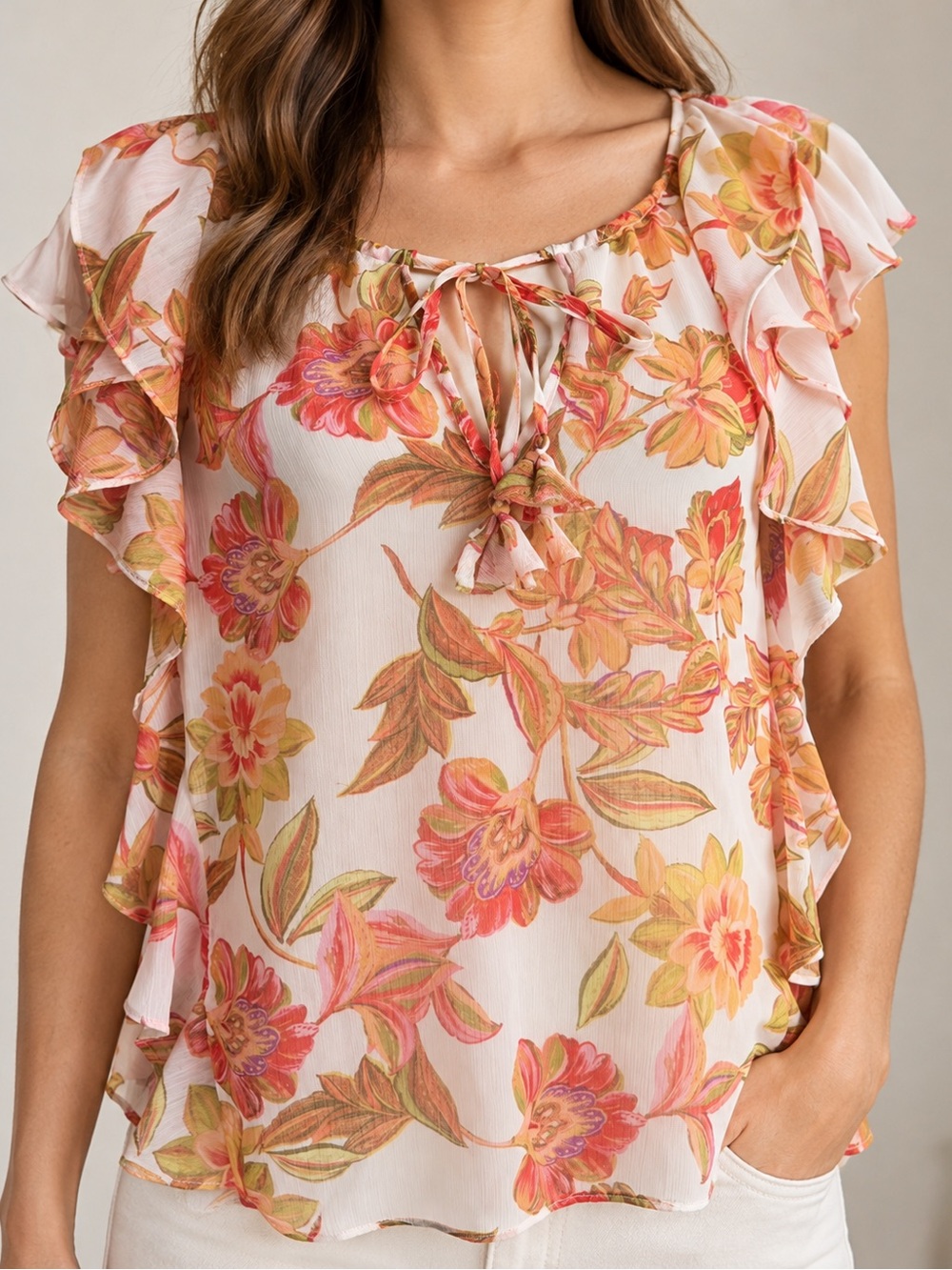 Rose + Olive Floral Ruffle Flutter Sleeve Blouse Size S